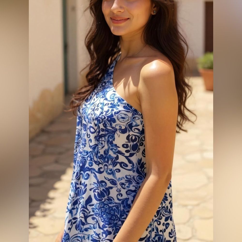 Fab'rik One Shoulder White and Blue Top Size M